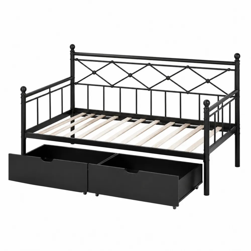 Letto singolo in metallo con rete a doghe e cassetti contenitori struttura in acciaio verniciato nero 90 x 200 cm con doghe in legno