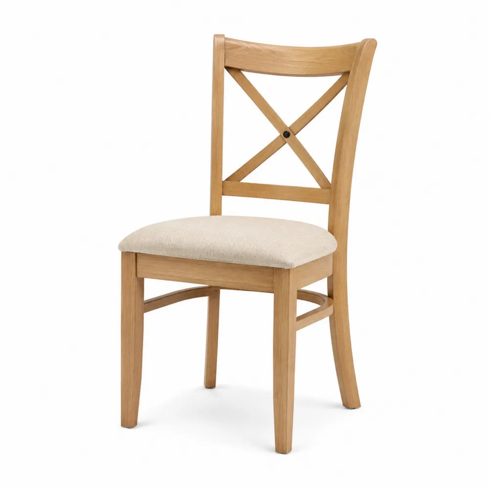 Sedia da pranzo in legno massello 45 x 52 x 85 cm con seduta imbottita in tessuto beige e schienale a croce