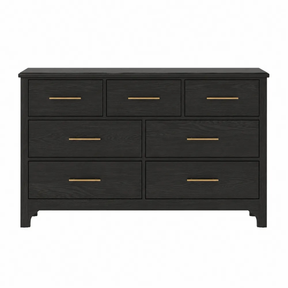 Cassettiera 140 x 40 x 80 cm a 7 cassetti in MDF melaminico nero e effetto rovere con maniglie in metallo oro e struttura rettangolare
