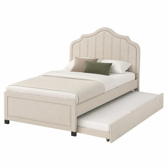 Letto singolo imbottito con letto estraibile struttura in MDF e metallo con testiera alta beige 200 cm 90 cm