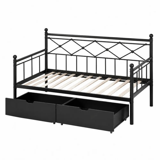 Letto singolo in metallo con rete a doghe e cassetti contenitori struttura in acciaio verniciato nero 90 x 200 cm con doghe in legno