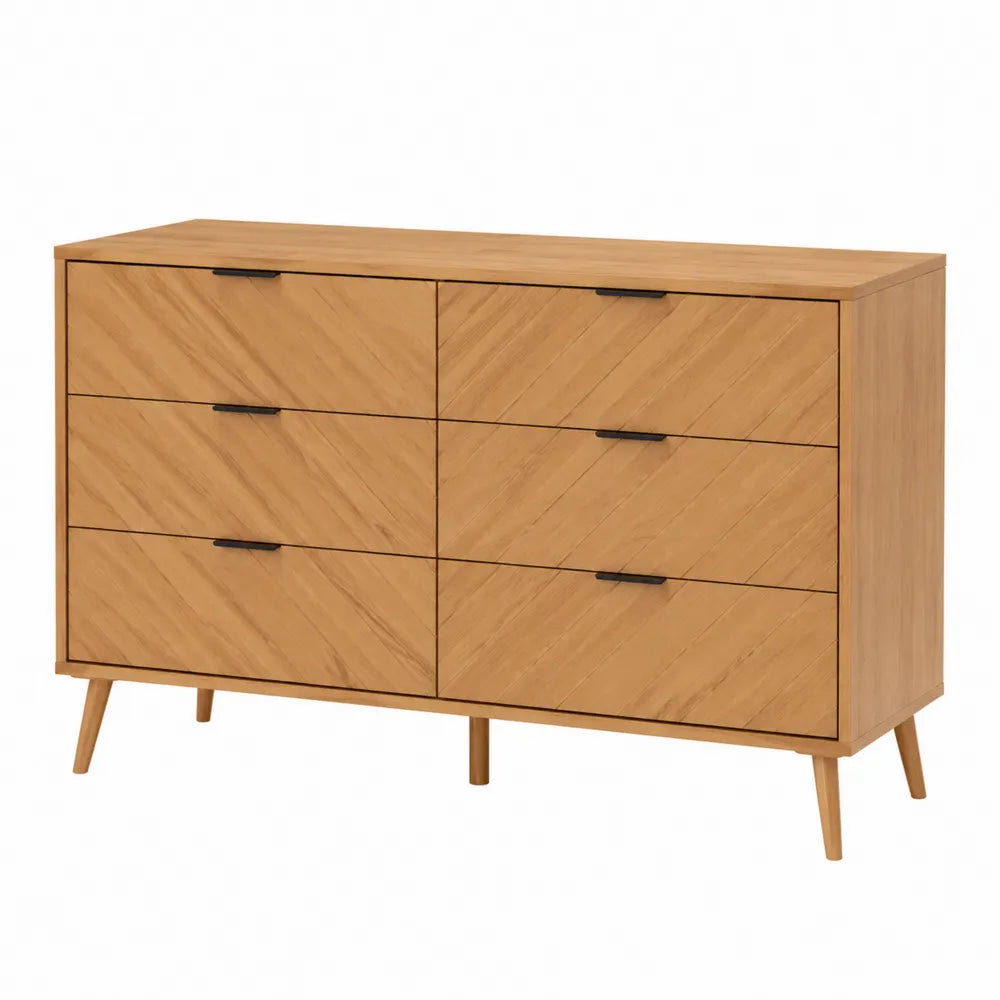 Cassettiera 120 x 40 x 80 cm in truciolare e MDF effetto rovere con 6 cassetti gambe in legno massiccio e maniglie nere