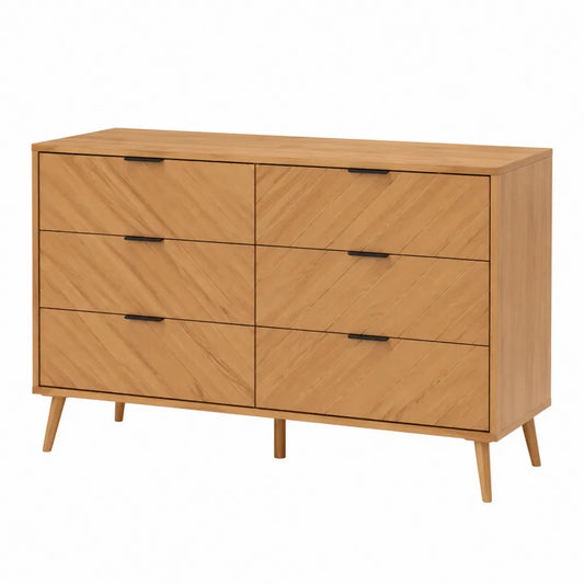Cassettiera 120 x 40 x 80 cm in truciolare e MDF effetto rovere con 6 cassetti gambe in legno massiccio e maniglie nere