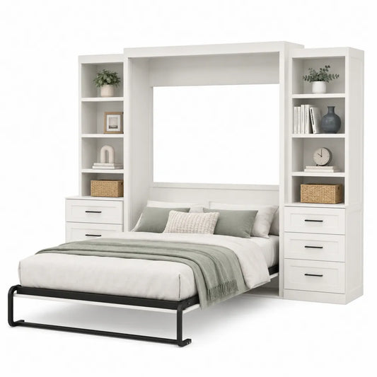 Letto matrimoniale a parete con armadi laterali e contenitori integrati in MDF bianco e legno naturale con struttura salvaspazio