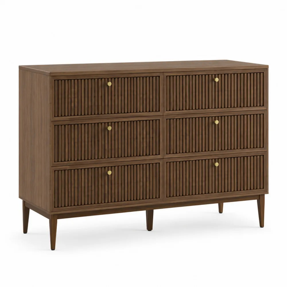 Cassettiera 120 x 40 x 80 cm con 6 cassetti struttura in MDF e truciolare finitura effetto noce frontali rigati gambe in legno massello maniglie in metallo dorato