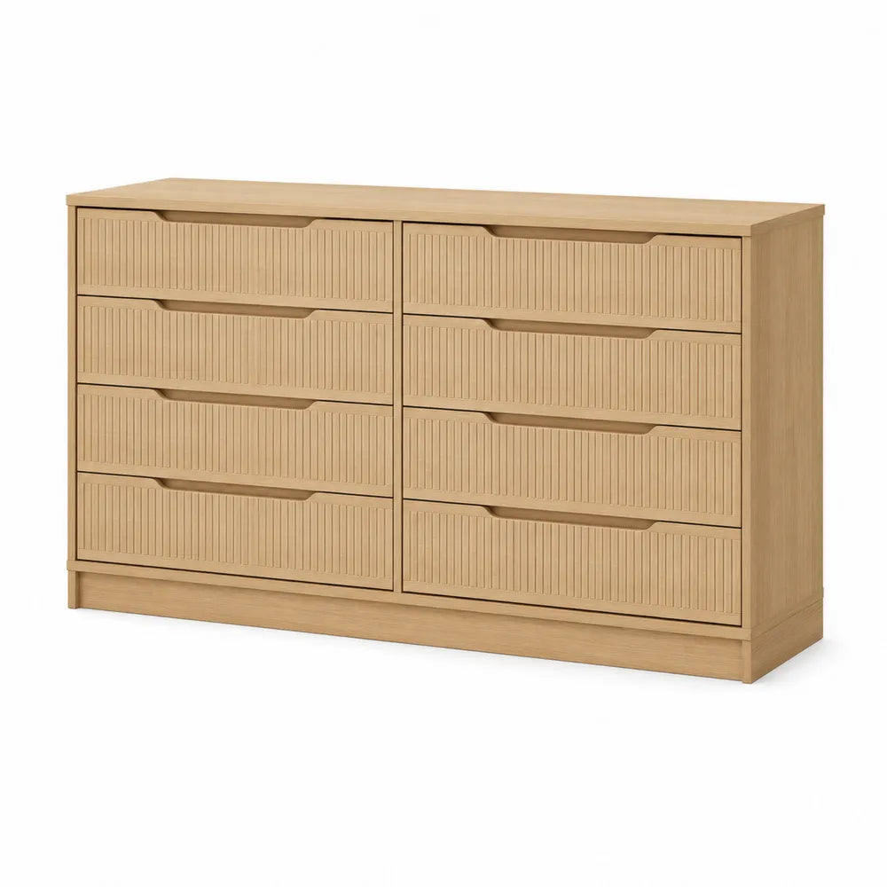 Cassettiera in MDF melaminico rovere chiaro 8 cassetti struttura rettangolare 140 cm x 40 cm x 80 cm