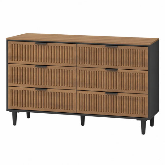 Cassettiera 140 x 40 x 80 cm a 6 cassetti in MDF e truciolare effetto rovere e nero frontali scanalati gambe in legno massiccio struttura rettangolare