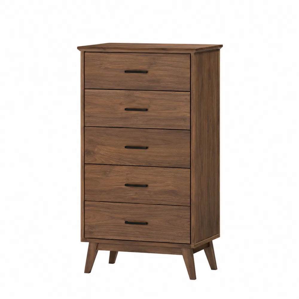Cassettiera 60 x 40 x 100 cm con 5 cassetti in MDF e truciolare finitura effetto noce gambe in legno colore marrone