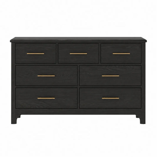 Cassettiera 140 x 40 x 80 cm a 7 cassetti in MDF melaminico nero e effetto rovere con maniglie in metallo oro e struttura rettangolare