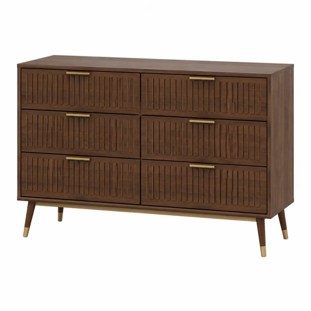 Cassettiera 6 cassetti in MDF e truciolare melaminico effetto noce scuro con gambe in legno e dettagli in metallo oro 140 cm x 40 cm x 80 cm