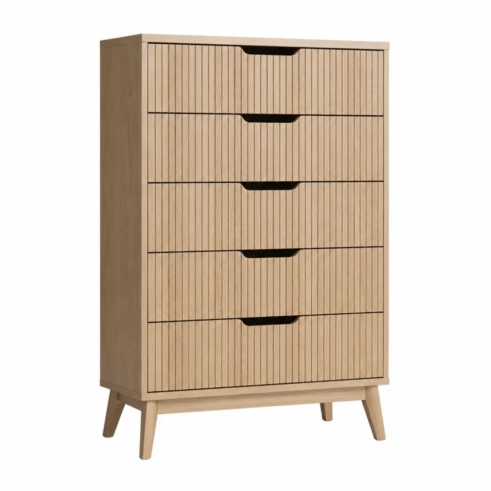 Cassettiera 80 x 40 x 120 cm a 5 cassetti in MDF e truciolare effetto rovere chiaro con frontali scanalati e maniglie incassate