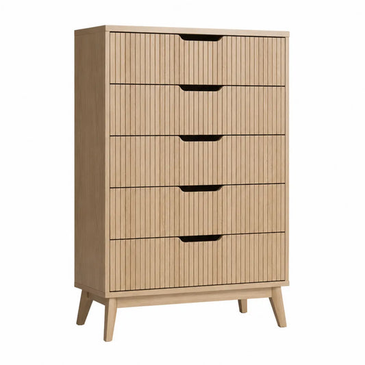 Cassettiera 80 x 40 x 120 cm a 5 cassetti in MDF e truciolare effetto rovere chiaro con frontali scanalati e maniglie incassate