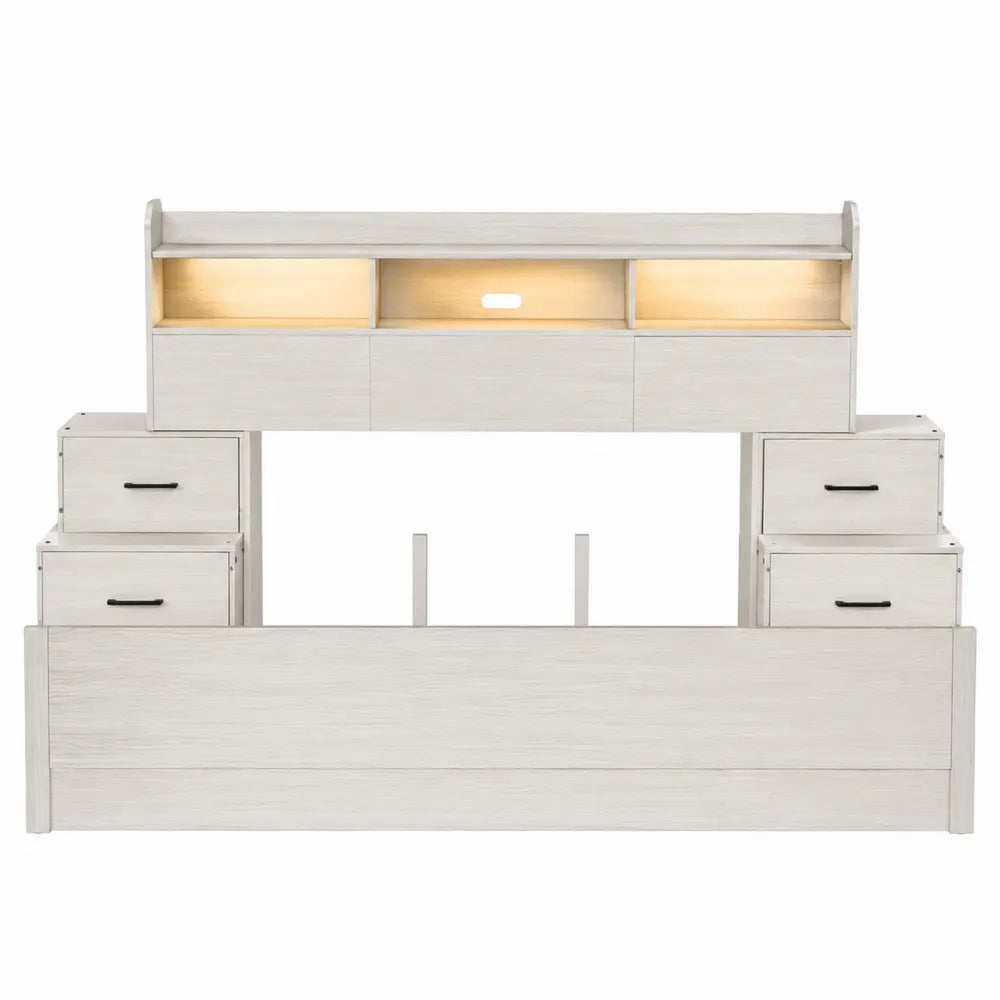 Letto matrimoniale 160 x 200 cm con contenitore laterale e libreria testiera con illuminazione LED in MDF effetto legno bianco struttura rettangolare