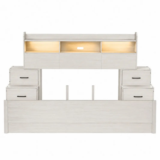 Letto matrimoniale 160 x 200 cm con contenitore laterale e libreria testiera con illuminazione LED in MDF effetto legno bianco struttura rettangolare
