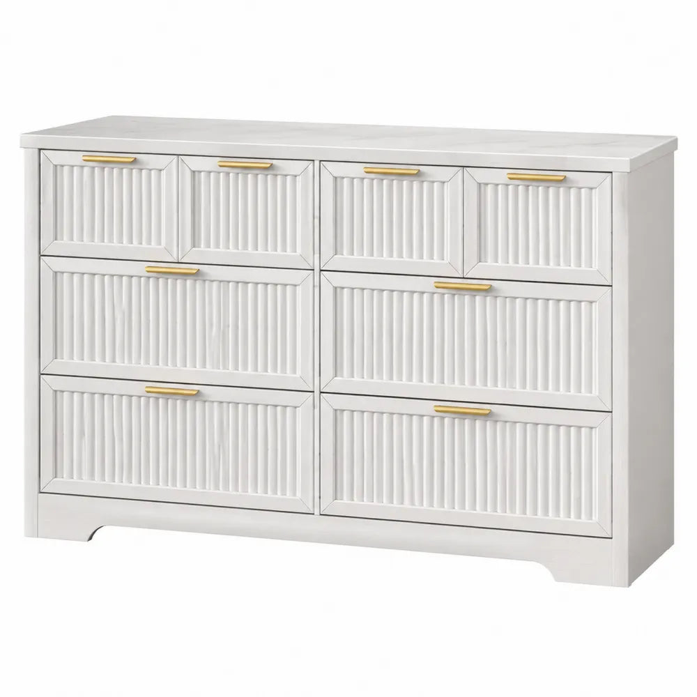 Cassettiera 120 x 40 x 80 cm con 6 cassetti in pannelli truciolari melaminici bianchi e MDF con maniglie dorate design scanalato verticale