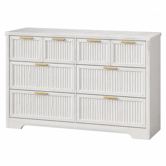 Cassettiera 120 x 40 x 80 cm con 6 cassetti in pannelli truciolari melaminici bianchi e MDF con maniglie dorate design scanalato verticale
