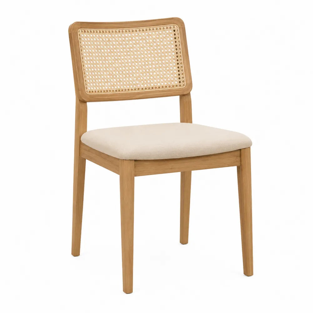 Sedia da pranzo in legno massello di faggio con schienale in rattan intrecciato e seduta imbottita in tessuto beige 45 x 52 x 85 cm